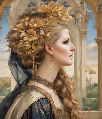 golden wreath,perugini,frigga,aslaug,girl in a wreath,margairaz,Digital Art,Impressionism