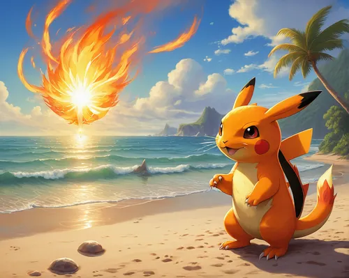 A playful Fire-type starter enjoys a sunny day at the beach.,charizard,fire background,summer background,fire kite,sunburst background,beach background,spark fire,beach scenery,luau,flame of fire,flam