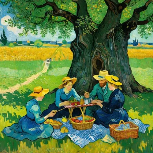 Generate a cheerful day at a sunny fields, van gogh and his wife having a picnic with  their children under a massivetree,willumsen,picnickers,picnicking,picnic,jatte,picnics,vincent van gough,hutteri