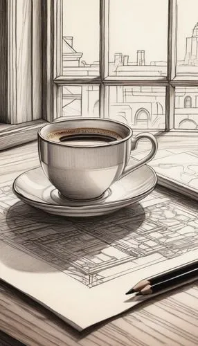 Hand-drawn architectural drawing, intricate details, delicate lines, subtle shading, vintage-inspired, ornate borders, A4 paper size, 2H pencil, eraser crumbs, scattered sketches, coffee cup stain, wo