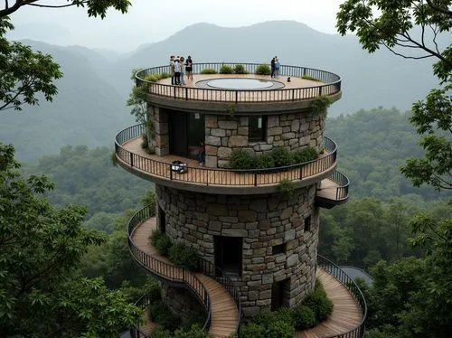 lookout tower,observation tower,tree house hotel,tree house,watch tower,treehouse,observation deck,treehouses,the observation deck,fire tower,residential tower,watchtowers,watchtower,tree top path,3d rendering,house in mountains,sky apartment,spiral staircase,tree top,forest house