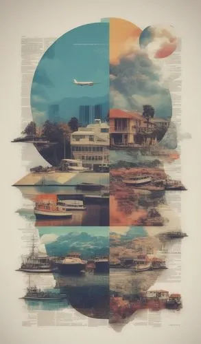 different faces of a city,abstract retro,boat landscape,stiltsville,ampt,vacationer,seaplane