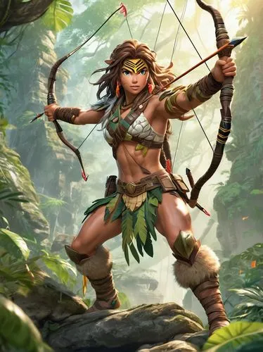 female warrior,warrior woman,bow and arrows,moana,hula,polynesian girl,pocahontas,tarzan,barbarian,huntress,wind warrior,bow and arrow,dryad,bow arrow,fantasy warrior,warrior pose,druid,mowgli,the enchantress,bows and arrows,Illustration,Japanese style,Japanese Style 01