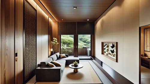 This design shows the living room in the Spring Japanese Room Hot Spring Club Suite that combines Japanese style with Puli culture. It is mainly based on ebony tones, combined with milk tea tones to c