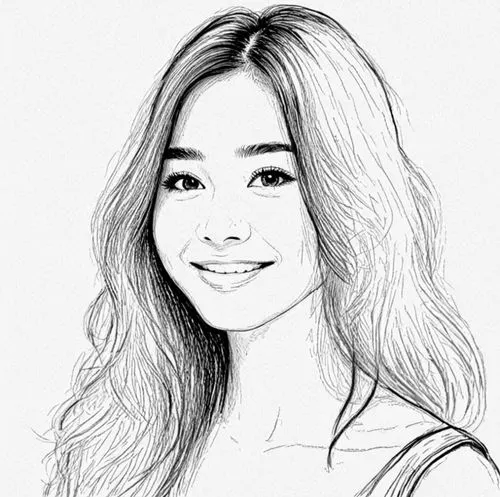 女生，黑色头发,a drawing of a woman's face with shoulder length hair,sharlene,shilla,ailee,angel line art,poki,pakorn,Design Sketch,Design Sketch,Black and white Comic