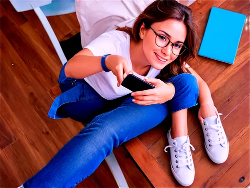 Hand holding smartphone, thumb pressing subscribe button, casual pose, slight smile, messy brown hair, glasses perched on nose, white t-shirt, blue jeans, sneakers, wooden table, morning light, 3/4 co