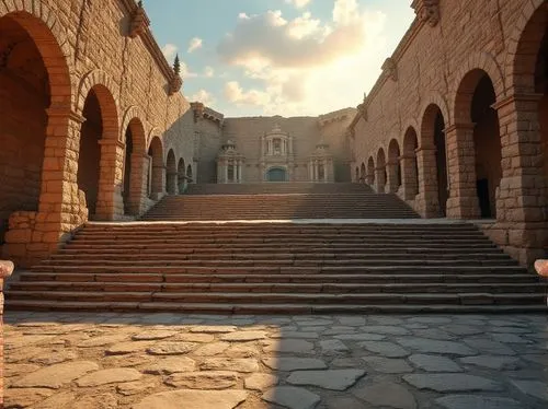 Amphitheater, grand staircase, majestic architecture, masonry materials, stone walls, rustic texture, natural colors, rough-hewn stones, dramatic arches, ornate details, columned facade, evening sun, 