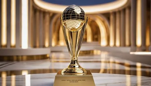 Modern trophy awards, luxurious golden metal, intricate designs, spiral patterns, ornate details, sleek lines, minimalist base, reflective surface, ambient lighting, studio photography, close-up shot,