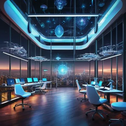 Futuristic neuroscience laboratory, sleek modern architecture, glass walls, steel beams, neon lights, futuristic equipment, brain scan machines, 3D neuron models, holographic projections, minimalist d