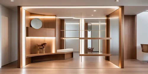 一个发廊设计，有镜子，椅子 ，浅色地板，白色墙面,modern minimalist bathroom,luxury bathroom,walk-in closet,interior modern design,hallway space,search interior solutions,room divider,contemporary decor,under-cabinet lighting