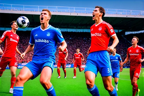 Bundesliga stadium, football players, green grass, sunny day, clear blue sky, cheering crowd, jerseys, shorts, soccer balls, goalposts, nets, athletic builds, dynamic poses, intense facial expressions