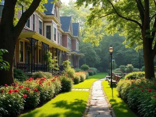 Classic homes, Victorian architecture, lush green lawn, vibrant flower beds, colorful blooming flowers, neatly trimmed hedges, ornate garden benches, winding stone pathways, vintage street lamps, matu