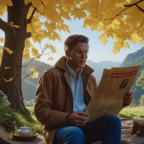 a man is reading the newspaper with a tree in the background,waldau,reading the newspaper,blonde woman reading a newspaper,newspaper reading,people reading newspaper,nikolaj,Photography,General,Realis