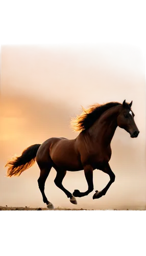 Horse, galloping, majestic, powerful muscles, flowing mane, raised front legs, dynamic movement, black silhouette, sunset background, warm lighting, cinematic composition, shallow depth of field, 3/4 