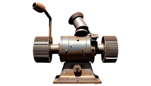 Industrial grinder, metallic body, rotating wheels, sparks flying, smoke emitting, loud screeching sound, detailed mechanical parts, rusted surface, worn-out handle, dim lighting, close-up shot, shall