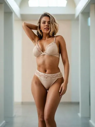 A slim woman poses nicely.,a woman in a beige  and panties,body positivity,benzino,beba,beautiful woman body,hypermastus,vij