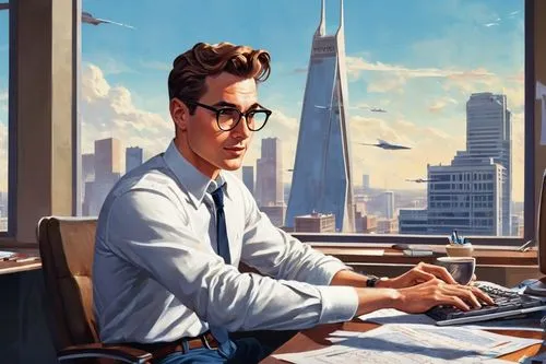 man with a computer,office worker,elkann,secretarial,modern office,blur office background,rodenstock,salaryman,businessman,ceo,administrator,computerologist,accountant,egon,secretary,businesman,selznick,financial advisor,telecommuting,oscorp,Illustration,Retro,Retro 12