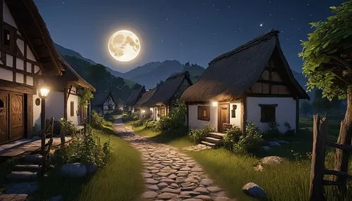 riftwar,moonlit night,hanging moon,moonlit,sansar,night scene,luin,medieval street,moonshine,knight village,the night of kupala,alpine village,rendalen,sylvania,nacht,aurora village,innkeeper,netherwood,fantasy picture,chastelain,Photography,General,Realistic