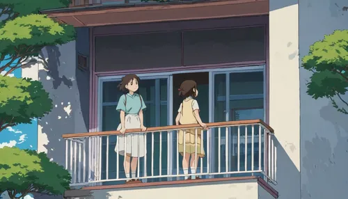 shared apartment,balcony,an apartment,apartment house,summer evening,summer day,block balcony,blue jasmine,neighbors,studio ghibli,sky apartment,house painting,paris balcony,house silhouette,apartment,neighbourhood,apartment complex,hiyayakko,residents,euphonium,Illustration,Japanese style,Japanese Style 06