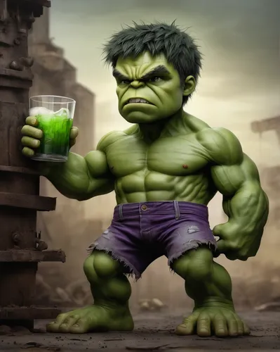 Set in a post-apocalyptic world, the Incredible Hulk stumbles upon a hidden bar and orders a drink that temporarily weakens his powers, making him vulnerable.,avenger hulk hero,minion hulk,incredible 