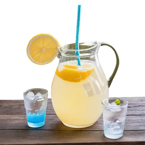 Lemonade stand, summer afternoon, refreshing drink, yellow lemon slices, ice cubes, colorful straws, wooden counter, vintage metal pitcher, rustic background, warm lighting, 3/4 composition, shallow d