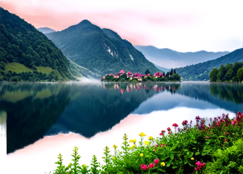 High-resolution image, free download, ultra-HD, 4K quality, natural scenery, misty mountains, serene lakeside, vibrant flowers, intricate architecture, detailed textures, soft warm lighting, shallow d