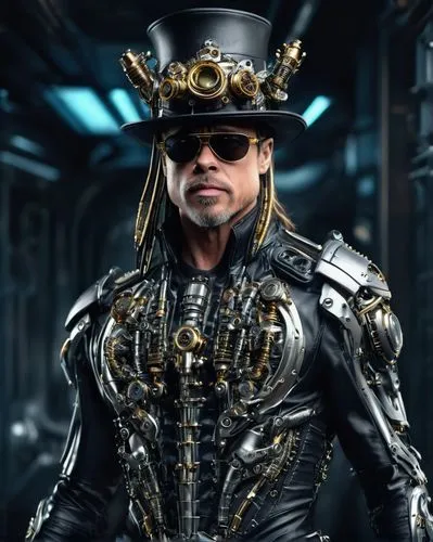 man warrior digital composition brad pitt steampunk, hat , predator, hot style, black glasses,steampunk,the emperor's mustache,streampunk,emperor of space,emperor snake,cyborg,admiral von tromp,gyro,r