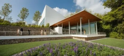 CESPED,the outside of an office building with a bunch of people walking on the lawn,3d rendering,corten steel,landscape design sydney,landscape designers sydney,glass facade,glucksman