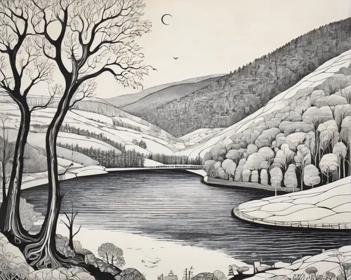 ladybower reservoir,glendalough,brook landscape,winter landscape,river landscape,cool woodblock images,david bates,upper derwent valley,mountain river,woodblock prints,loch drunkie,winter lake,braque d'auvergne,olle gill,watercourse,the first frost,lake district,loch,wintry,raven river,Illustration,Black and White,Black and White 07