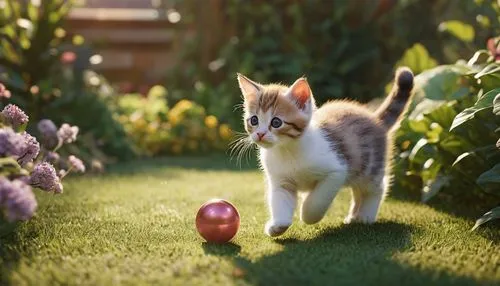 Prompt: 3-color kitten cat - playing with a ball - full body, garden - cinematic and realistic style, photography.,Negative prompt: EasyNegative,Steps: 20,Sampler: Euler a,CFG scale: 10,Seed: 0,Size: 