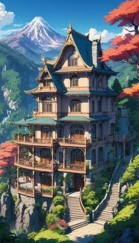 ghibli,house in mountains,studio ghibli,kazoku,house in the mountains,meteora,Illustration,Japanese style,Japanese Style 03