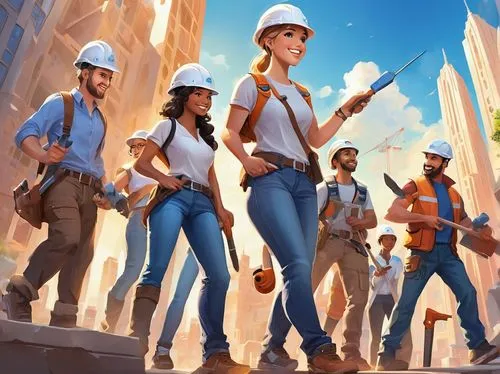 Modern architecture building, volunteer event, group of people, diverse age range, casual clothing, jeans, t-shirts, sneakers, hard hats, tool belts, holding tools, hammers, screwdrivers, smiling face