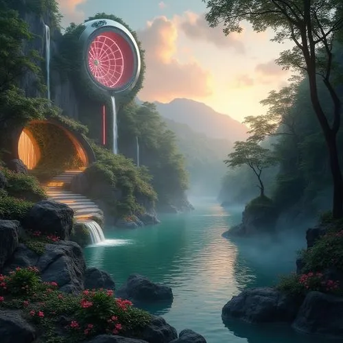 futuristic landscape,fantasy landscape,japan landscape,fantasy picture,ecotopia,portals,world digital painting,virtual landscape,topia,futuristic architecture,myst,crescent spring,rivendell,arcology,scenic bridge,adventure bridge,water lotus,yamatai,wishing well,oasis,Photography,General,Realistic