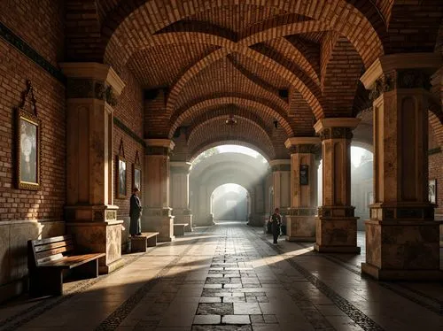 Romanesque metro station, rustic stone walls, archaic vaulted ceilings, ornate brickwork, intricate carvings, grand entranceways, sturdy pillars, richly textured stonework, warm earthy tones, dramatic