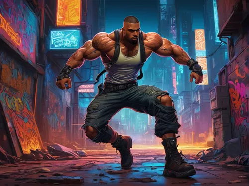 cyberpunk,game art,would a background,enforcer,game illustration,cg artwork,world digital painting,the block,damme,bouncer,concept art,muscle man,the game,muscle icon,background images,renegade,wall,gangstar,edge muscle,heavy construction,Illustration,Realistic Fantasy,Realistic Fantasy 06