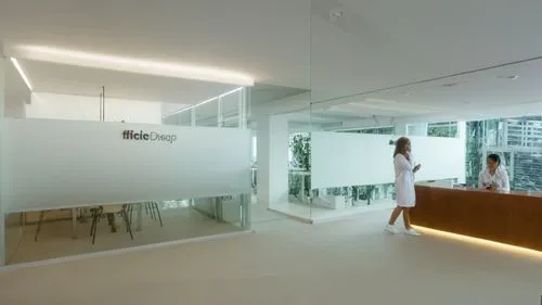 oficinas minimalistas,two people are talking near a counter,modern office,phototherapeutics,blur office background,dentsu,consulting room,oticon,Photography,General,Realistic