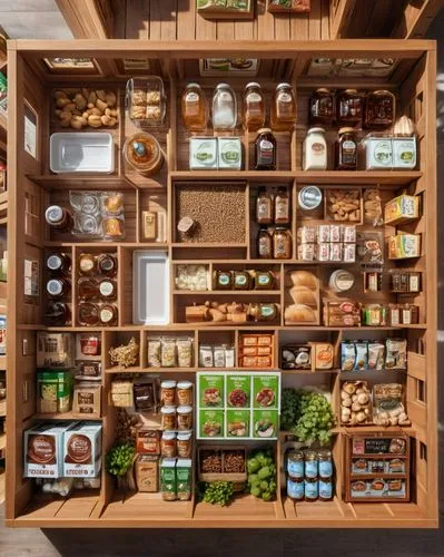 pantry,spice rack,food storage,kitchen shop,apothecary,preserved food,cupboard,grocer,village shop,storage cabinet,kitchen cabinet,kitchen cart,herbs and spices,general store,shelves,honey products,product display,shelving,wooden shelf,spices,Photography,General,Realistic