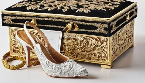 bridal shoe,bridal shoes,shoe cabinet,wedding shoes,cinderella shoe,lyre box,flapper shoes,court shoe,achille's heel,high heeled shoe,luxury accessories,gold lacquer,luxury items,card box,stiletto-heeled shoe,stack-heel shoe,gold foil crown,gold filigree,woman shoes,music box,Conceptual Art,Daily,Daily 29