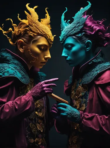 neon body painting,masquerade,bodypainting,gemini,crowns,kings,3d fantasy,three kings,avatar,bodypaint,foam crowns,fractalius,body painting,gods,bronze figures,superfruit,crown render,masks,artist color,mannequins,Photography,Artistic Photography,Artistic Photography 05