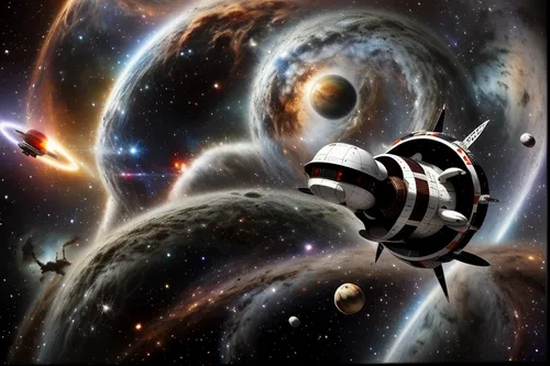 space art,interstellar bow wave,saturnrings,spacecraft,sci fiction illustration,spacescraft,federation,gear shaper,orbiting,space probe,space voyage,bar spiral galaxy,space travel,spiral background,star ship,planetarium,deep space,space station,saturn relay,pioneer 10