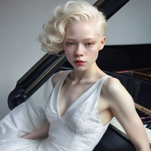 pianist,steinway,paleness,albino,tilda,piano,white lady,concerto for piano,white beauty,pale,piano player,white bird,grand piano,jazz pianist,white silk,white velvet,elegant,piano lesson,white bow,vanity fair,Conceptual Art,Oil color,Oil Color 11