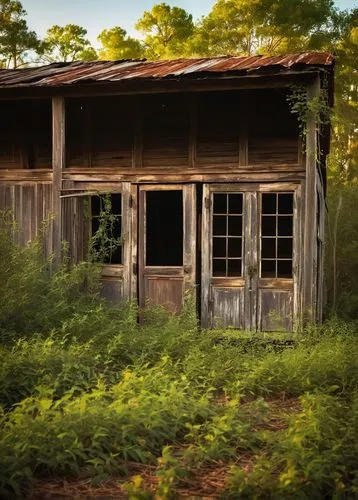 Old, worn, rustic architectural salvage, Alabama countryside, abandoned farmhouse, vintage wooden doors, distressed metal roofs, reclaimed barn wood, rusty metal accents, overgrown with vines and weed