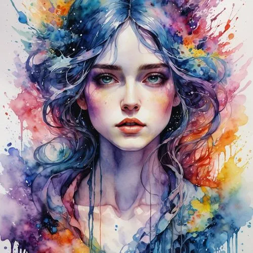 boho art,mystical portrait of a girl,fae,watercolor blue,water colors,watercolor pencils,watercolor paint,fantasy portrait,watercolor,watercolor background,watercolors,aura,flora,watercolor painting,colorful background,watercolor paint strokes,fantasy art,digital art,faery,amano,Illustration,Paper based,Paper Based 20