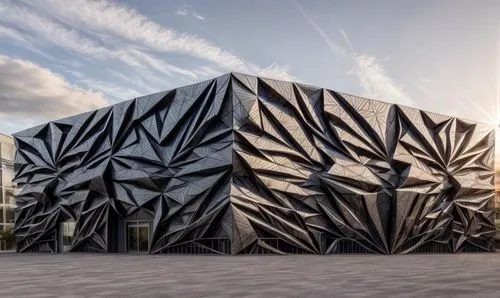 A warehouse building with a 3d cladding design with triangle geometric shapes and folded edges, creating an abstract wave pattern on the surface. The artwork's intricate details and the play between l