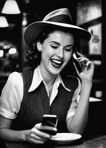 woman holding a smartphone,50's style,retro women,retro woman,vintage 1950s,vintage girl,vintage woman,retro girl,fifties,vintage telephone,telephone operator,vintage women,ingrid bergman,jane russell-female,woman at cafe,retro diner,telephone,telegram,cigarette girl,vintage style,Photography,Black and white photography,Black and White Photography 08