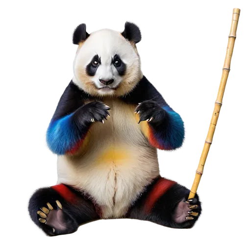 Colourful panda, sitting, cute face, black eyes, white fur with colourful patches (red, blue, yellow), fluffy ears, chubby body, short legs, claws, bamboo stick in hand, gentle expression, soft focus,