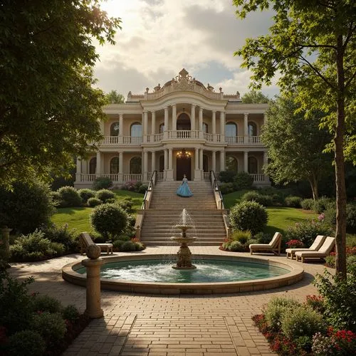 Ornate fountain, grand staircase, lush greenery, vibrant flowers, manicured lawns, symmetrical gardens, ornamental statues, intricate stone carvings, majestic trees, dramatic lighting, warm golden hue