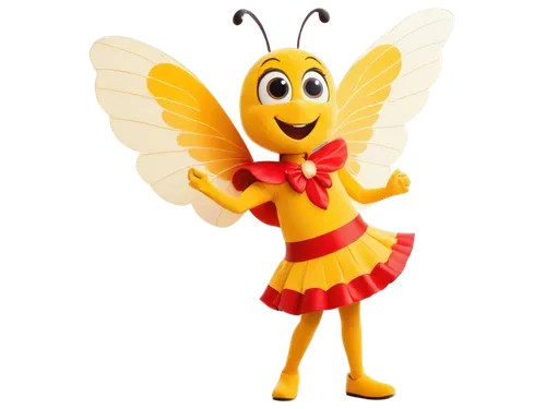 Jollibee mascot, bee costume, yellow and red stripes, smiling face, big eyes, wings outstretched, standing pose, vibrant colors, detailed textures, bright lighting, 3/4 composition, shallow depth of f