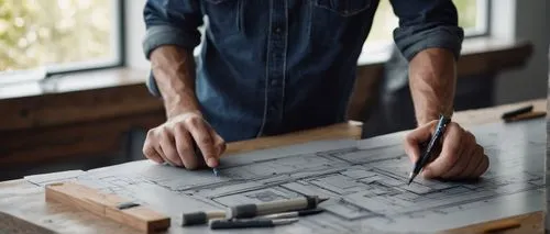 Architectural scale, wooden ruler, metal caliper, drafting table, designer's hands, precise fingers, holding pencil, drawing blueprints, modern villa, large windows, concrete columns, minimalist desig