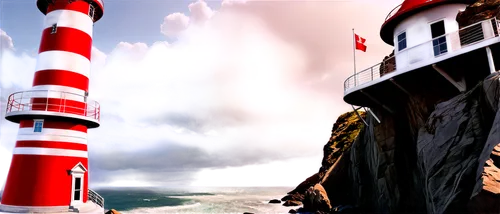 Lighthouse, towering structure, cylindrical body, white and red stripes, lantern room, glass windows, spiral staircase, majestic architecture, coastal scenery, rocky foundation, crashing waves, misty 